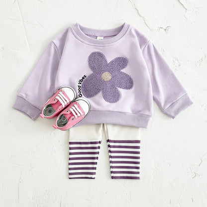Baby Girls Flower Sweatshirt + Stripe Pants 2Pcs Outfit Set childrensterritory