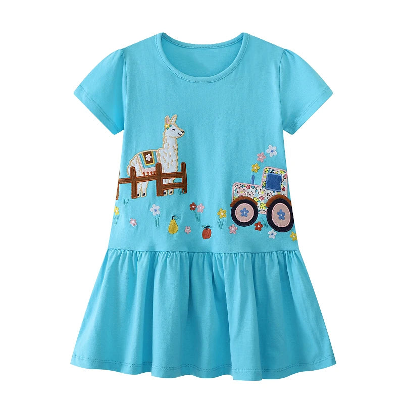 Kids Girls Alpaca Tractor Embroidered Summer Dresses childrensterritory