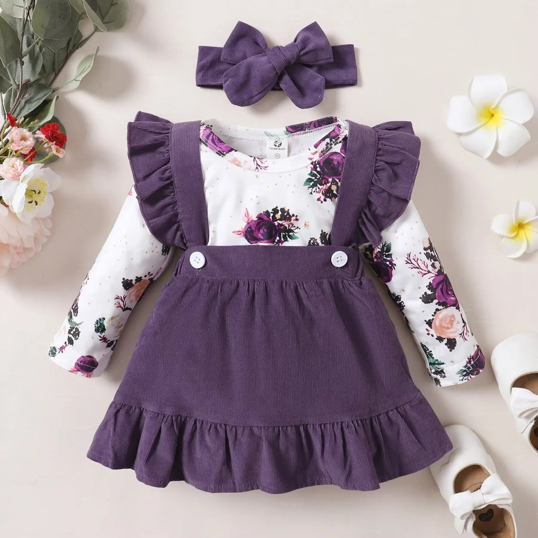 Baby Girl Printed Romper &amp; Suspender Skirt Outfit Set