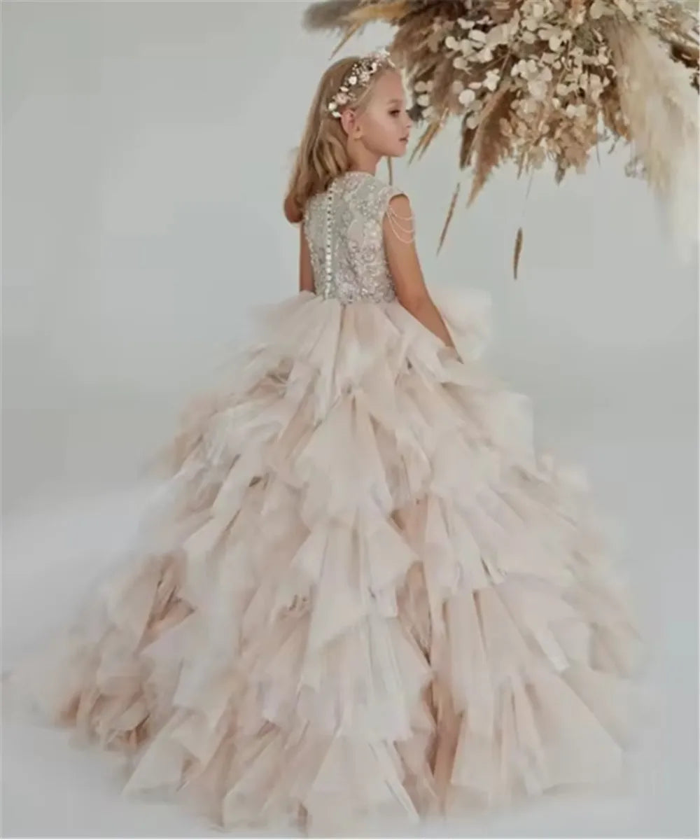 Kids Girls Puffy Long Tulle Beads Pageant Party Gown