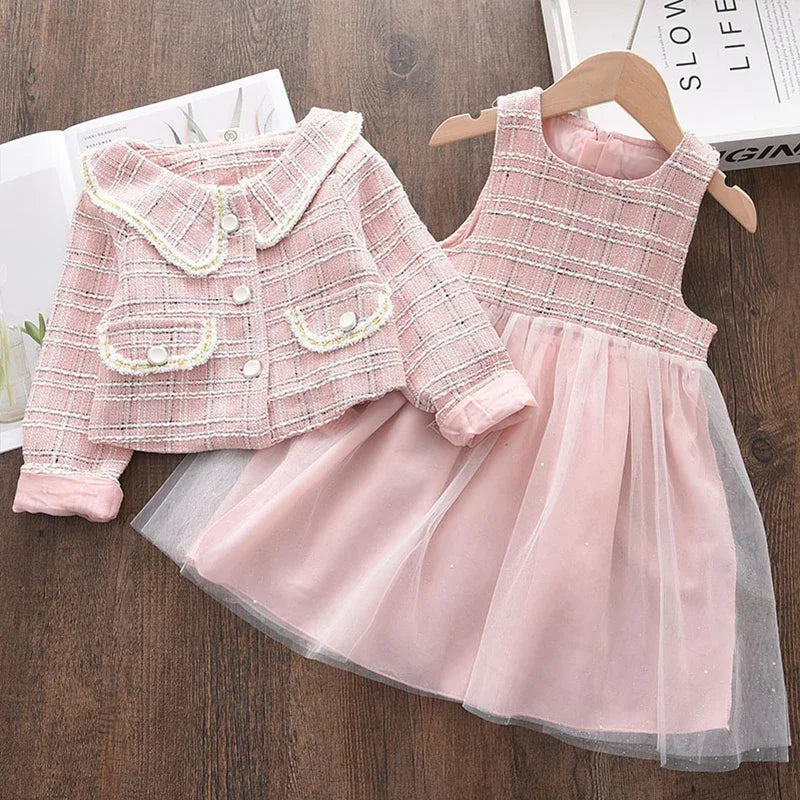 Kids Girls Retro Style Plaid Winter Party Dresses 2pcs Set
