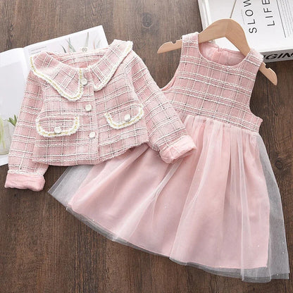 Kids Girls Retro Style Plaid Winter Party Dresses 2pcs Set