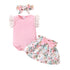 Infant Girl 3-piece Set: Fly-sleeve Romper, Floral Skirt, and Headband childrensterritory