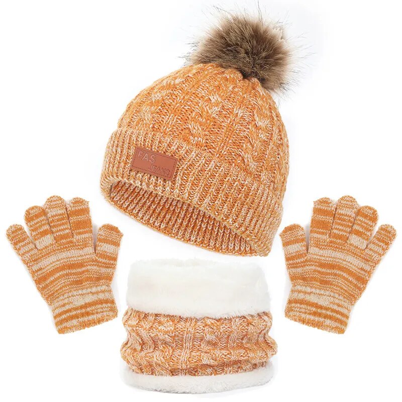 Toddler 3Pcs Cute Pompom Knitted Hats Scarf Gloves Set childrensterritory