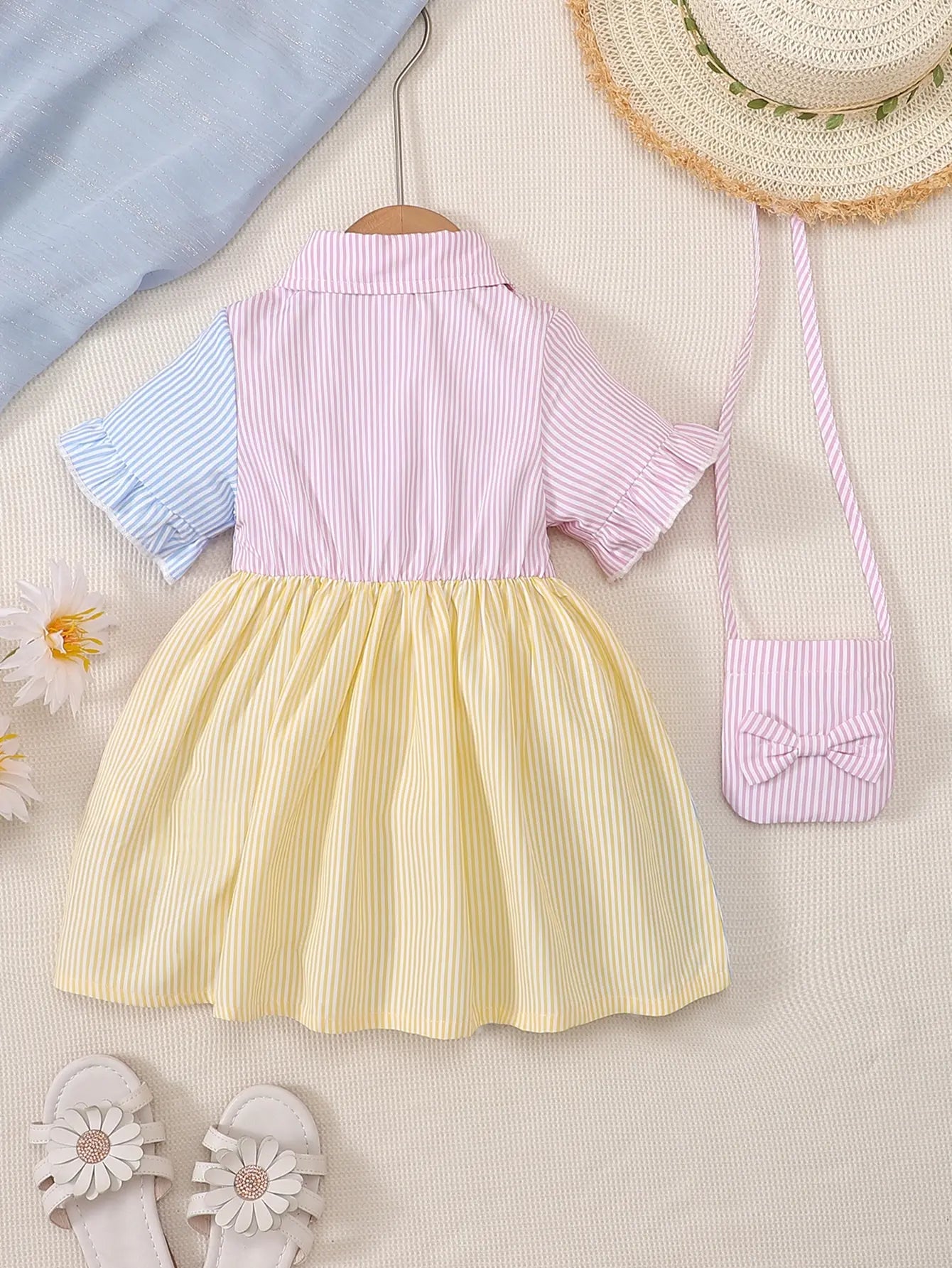 Little Girls Flared Sleeves Button Closure Dress with Sling Bag