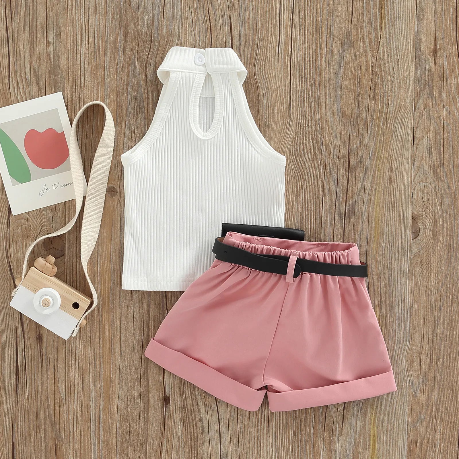 Little Girl Three-Piece Sleeveless Top + Belted Short Pants Outfit childrensterritory