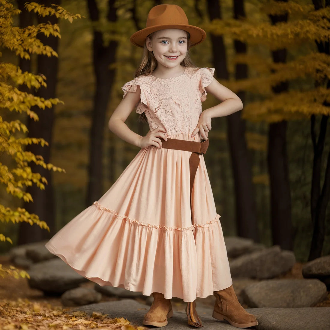 Kids Girls Stylish Lace Design Cotton Bohemia Long Dresses childrensterritory