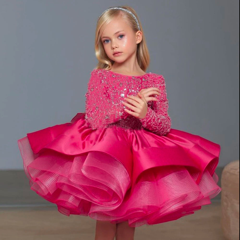 Kids Girls Glitter Puffy Sequin Princess Birthday Dresses