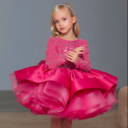 Kids Girls Glitter Puffy Sequin Princess Birthday Dresses