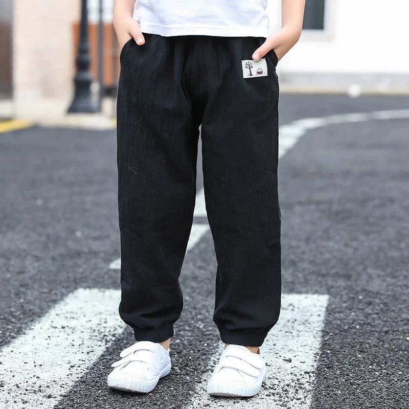 Elastic Waist Solid Color Children Cotton Trousers For Boys Girls