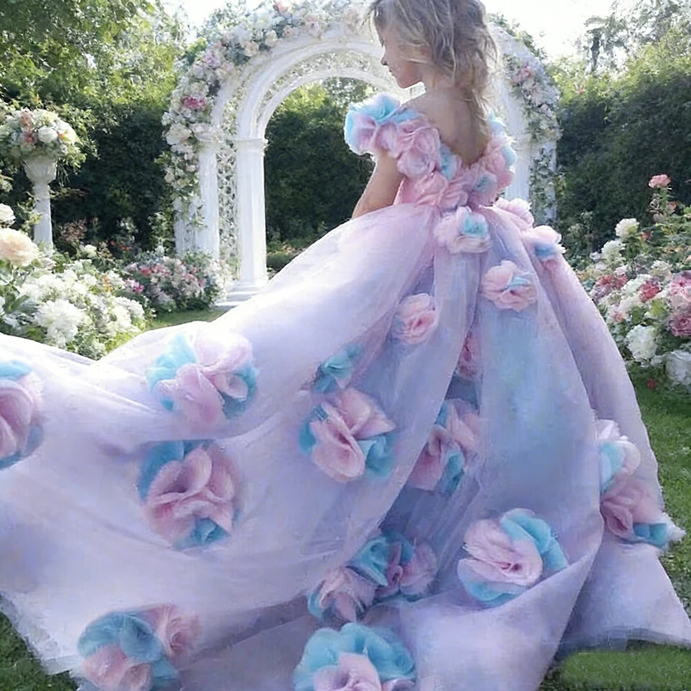 Backless Floral Long Train Girls Birthday Party Dresses