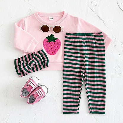 Baby Girls Strawberry Top with Striped Legging and Headscarf Set childrensterritory
