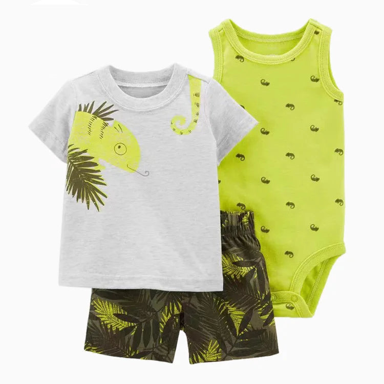 Baby Boys Cotton 3-Piece Short Bodysuit Set for Summer
