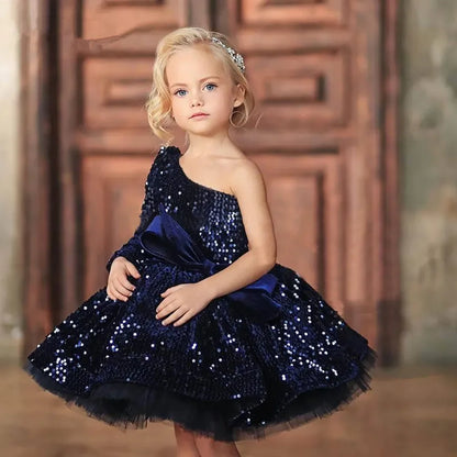Kids Girls Navy Blue Bows Pleat One Shoulder Fluffy Dress