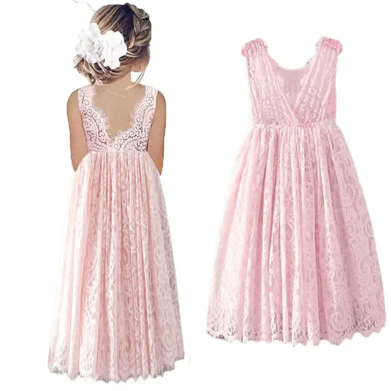 Solid Lace Design Long Wedding Flower Girl Cotton Dresses