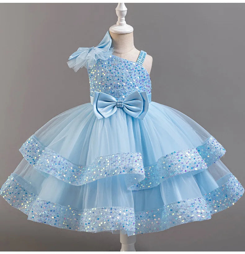 Kids Girls Sequins and Bow Design Birthday Party Flower Dresses