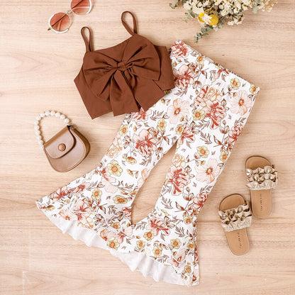 Bowknot Camisole with Floral Flare Pants for Girls childrensterritory