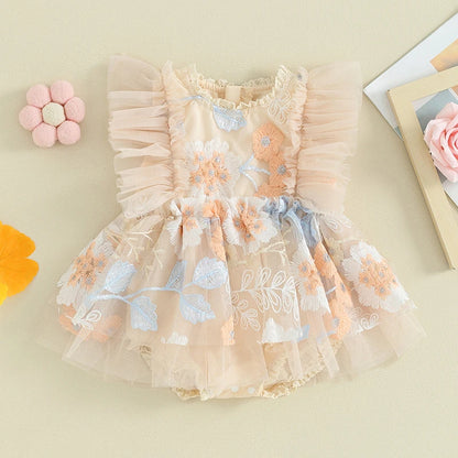Baby Girl Tulle Floral Embroidery Romper Dress and Headband Set