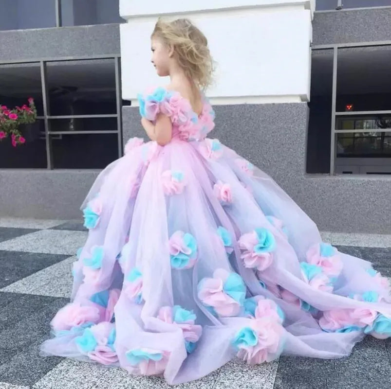 Backless Floral Long Train Girls Birthday Party Dresses childrensterritory