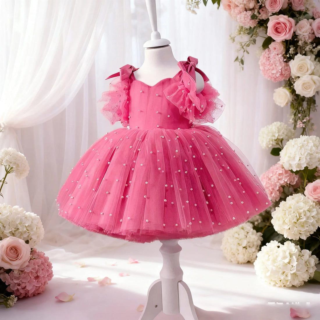 Pearl Mesh Design Tutu Christening Dress for Little Girls