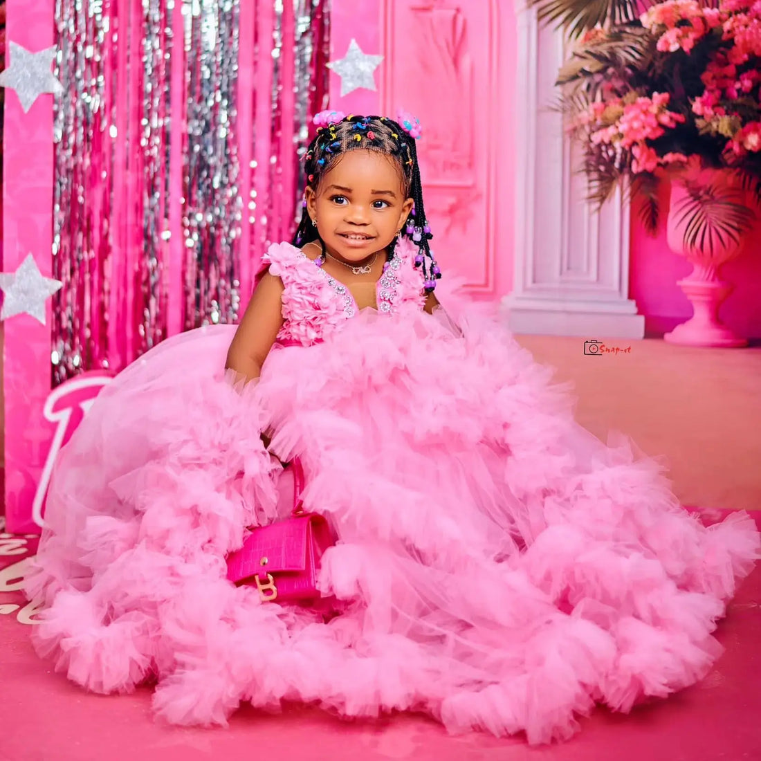 Fluffy, Floor-Length, Layered Pink Princess Ball Gown for Girls