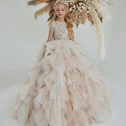 Elegant Kids Girls Tulle Ruffles Beaded Communion Dress childrensterritory