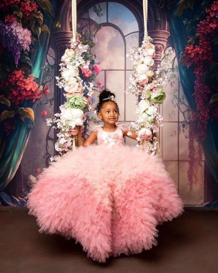 Feather Sleeve Puffy Flower Girl Dresses for Birthday Party