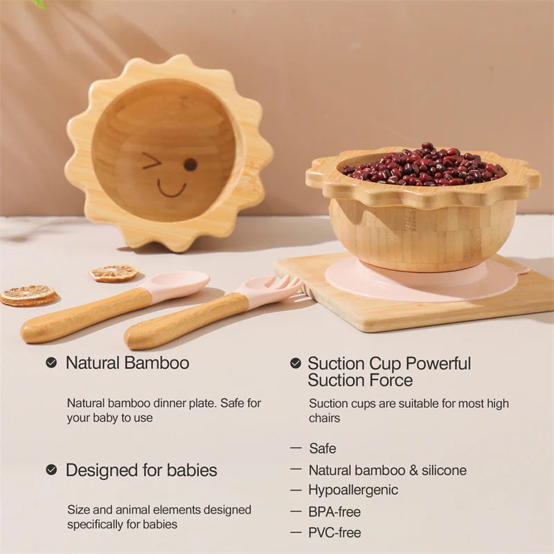 Baby Wooden Tableware Set with Silicone Suction Handle childrensterritory