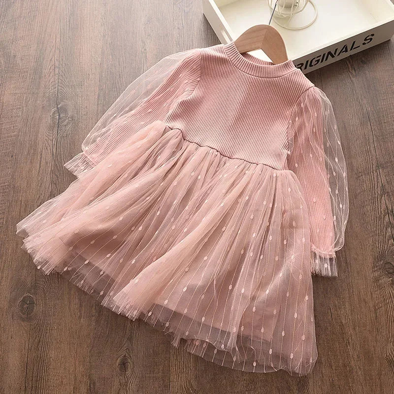Kids Girls Long Sleeve Mesh Cotton Winter Party Dresses