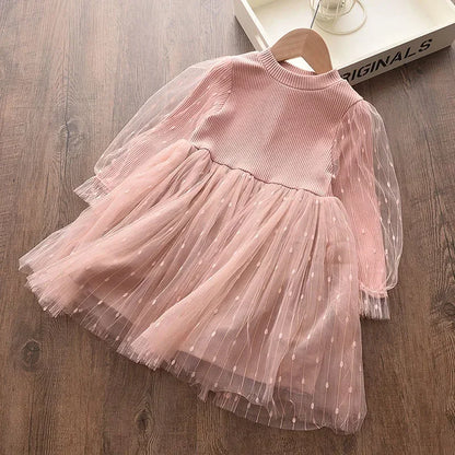 Kids Girls Long Sleeve Mesh Cotton Winter Party Dresses