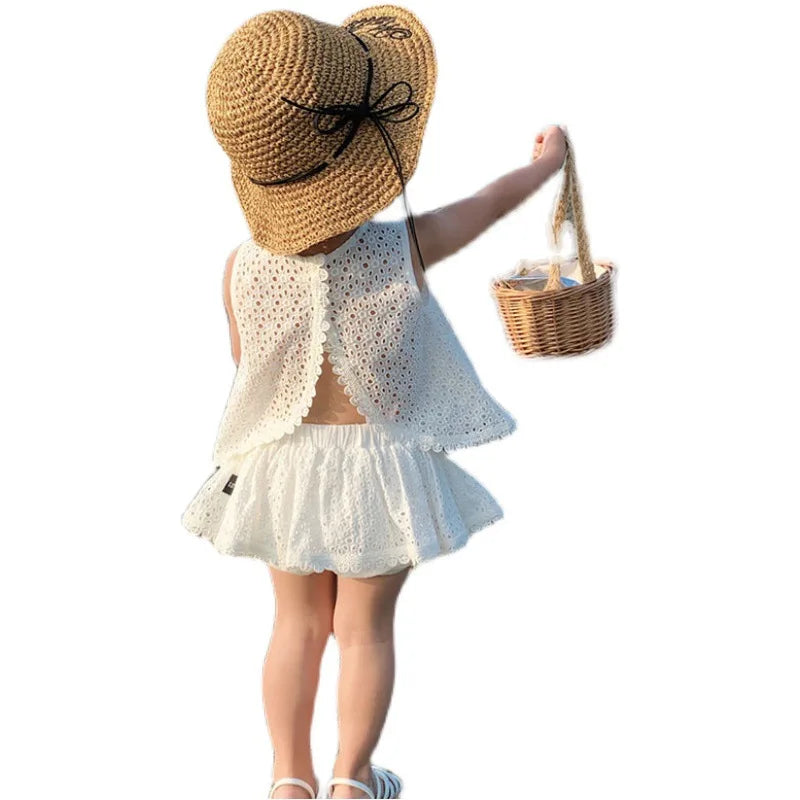 Little Girls Hollow Lace Design Summer Clothing Sets childrensterritory