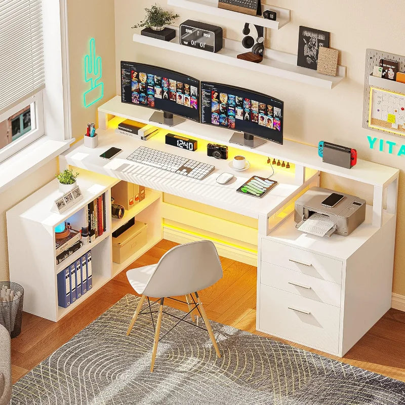 Computer Desk in L Shape with Power Outlets and File Cabinet childrensterritory