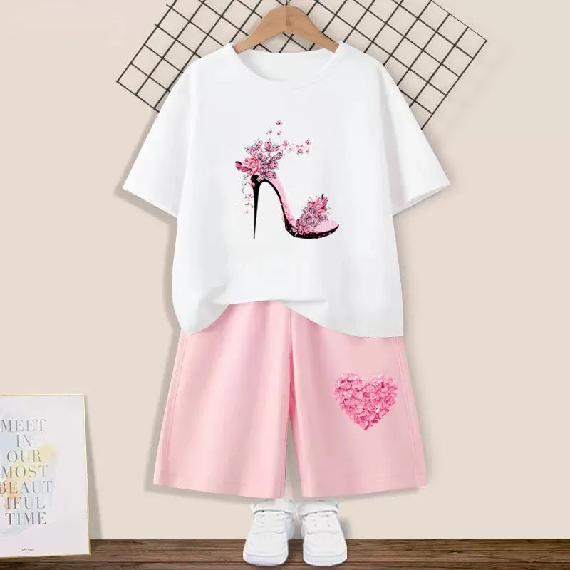 Kids Girls Butterfly High Heel T-shirt +Shorts 2 Piece Tracksuits childrensterritory