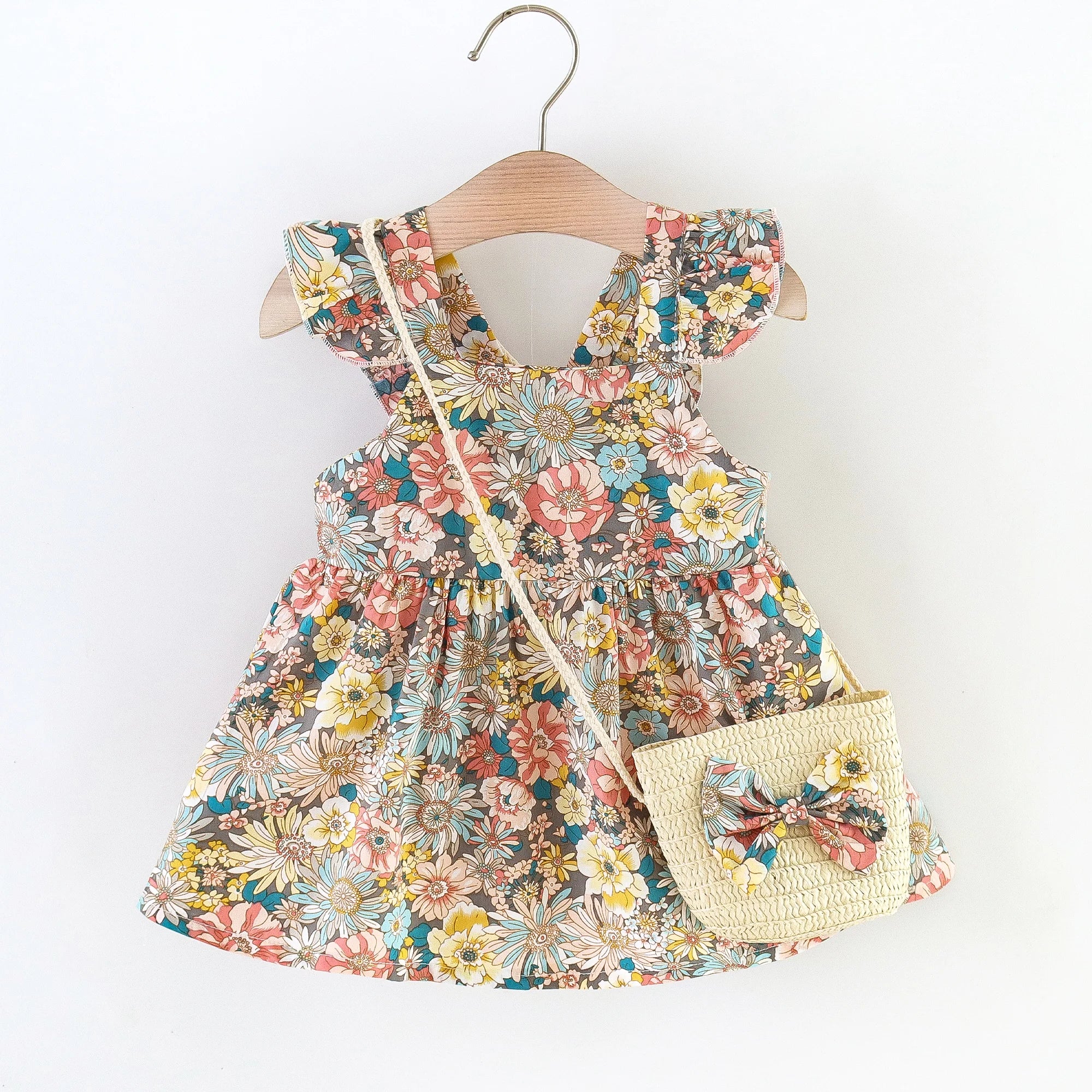 Baby Girls' Fashionable Floral Cotton Dress with Crossbody Bag