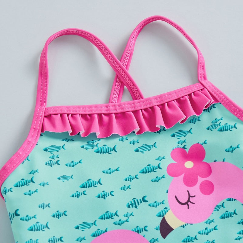 Flamingo and Little Fish Print Kids Girls Ruffle Swimsuit childrensterritory