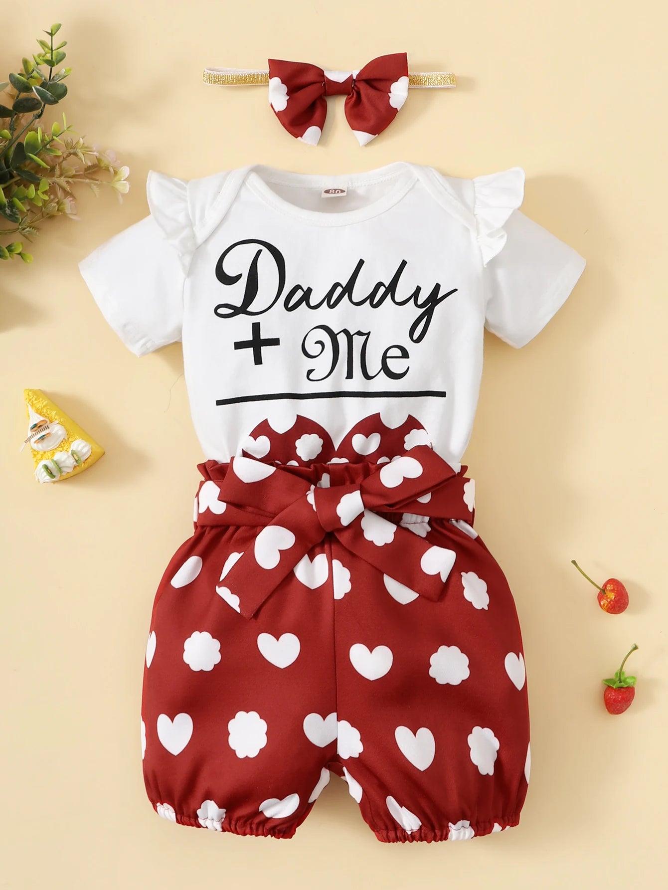 3PCS Baby Girl Love Letter Print Bodysuit + Shorts Set