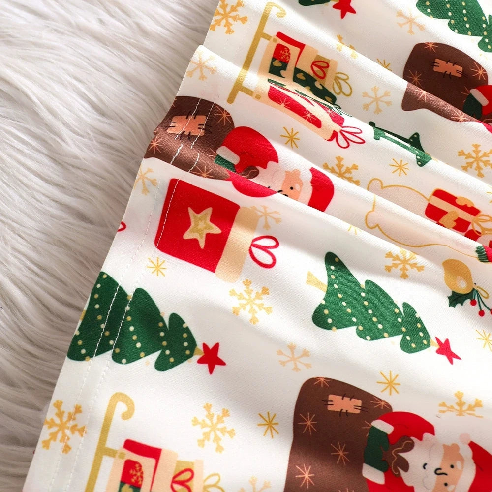 Girls’ Long-Sleeve Christmas Party Dress with Festive Design