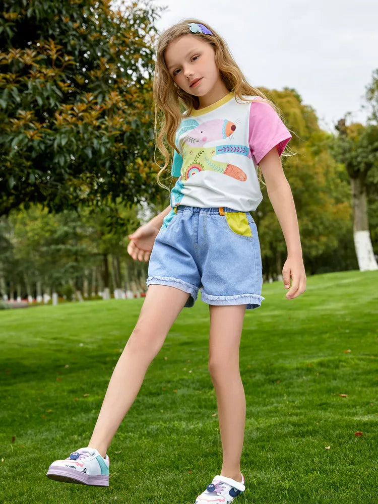 Kids Girls Cartoon Printed T-shirt and Denim Short Set childrensterritory
