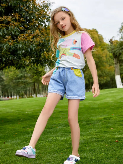 Kids Girls Cartoon Printed T-shirt and Denim Short Set childrensterritory