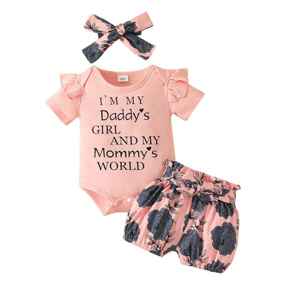 Letters Print Romper and Flower Shorts Set for Baby Girl