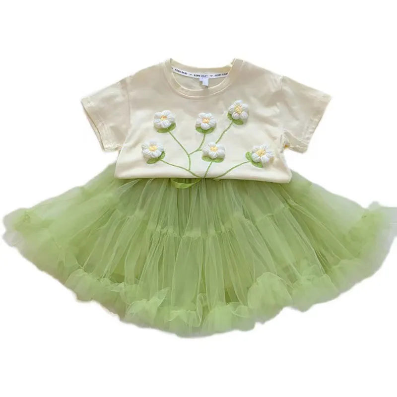 Three-Dimensional Floral Print Summer Clothes Set for Little Girls childrensterritory