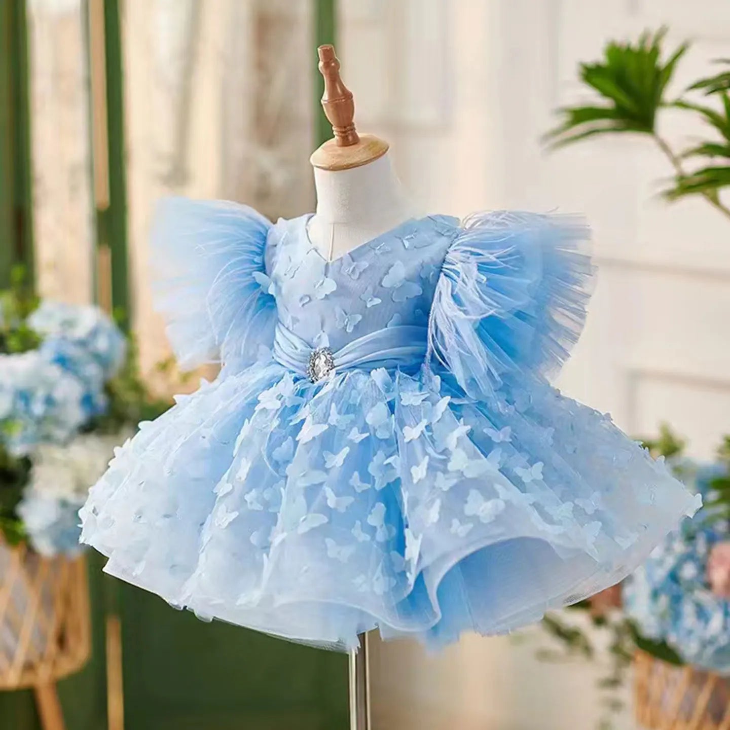 Elegant Butterfly Designed Blue Flower Girl Dress with Hairband