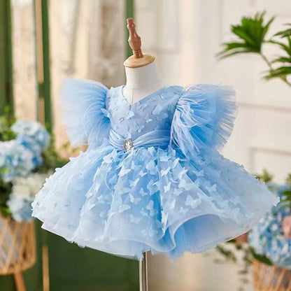Elegant Butterfly Designed Blue Flower Girl Dress with Hairband childrensterritory