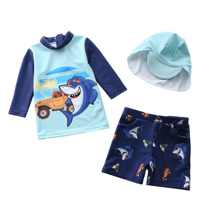 Kids Boys Cartoon Print 3pcs Surfing Beachwear With Cap childrensterritory