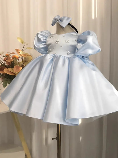 Little Girls Puff Sleeves Elegant Baptism Party Dresses