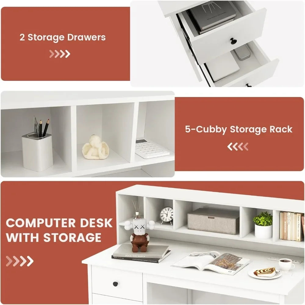 White Study Desk Featuring Drawers and Hutch for Home Office childrensterritory