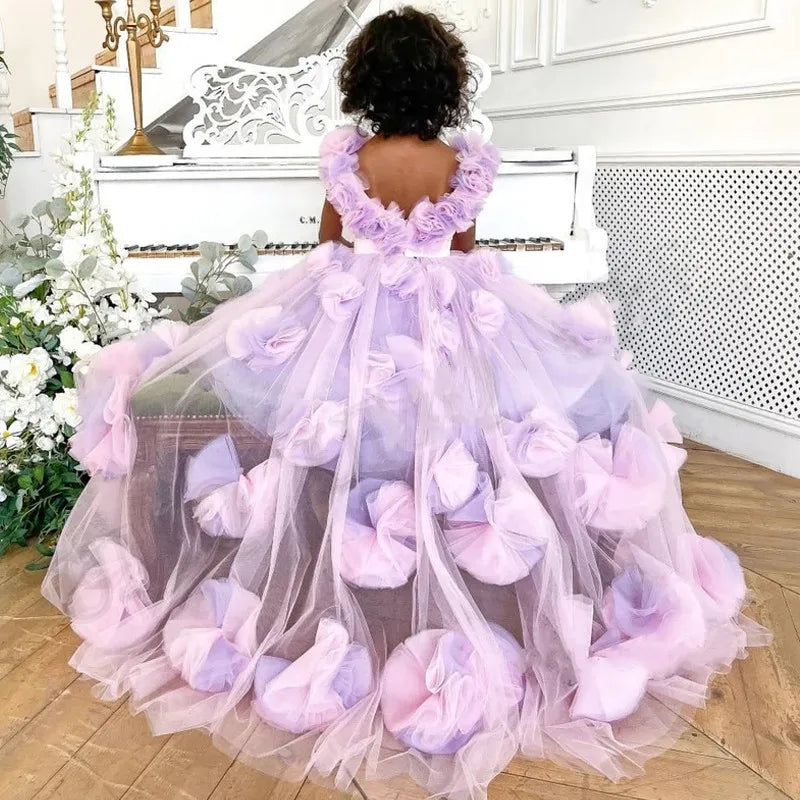 Backless Floral Long Train Girls Birthday Party Dresses childrensterritory