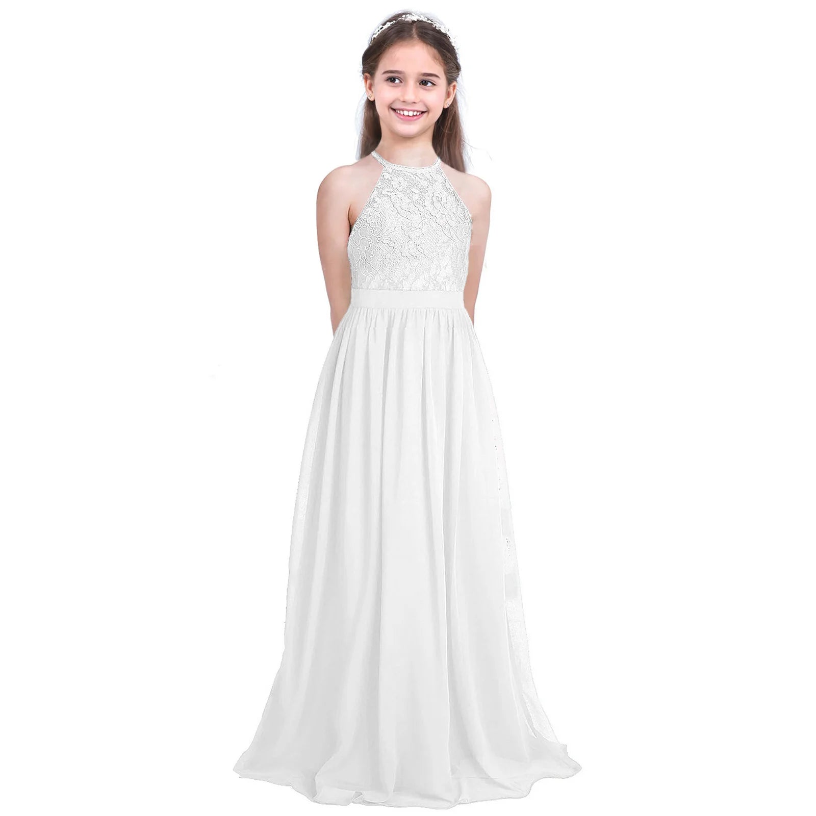 Kids Girls Halter Lace Design Chiffon Long Prom Ball Gowns