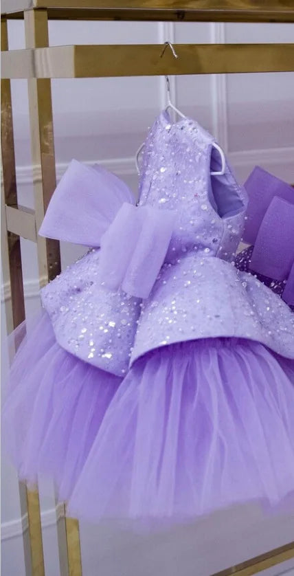 Little Girl Glitter Puff Organza Applique Birthday Party Gown