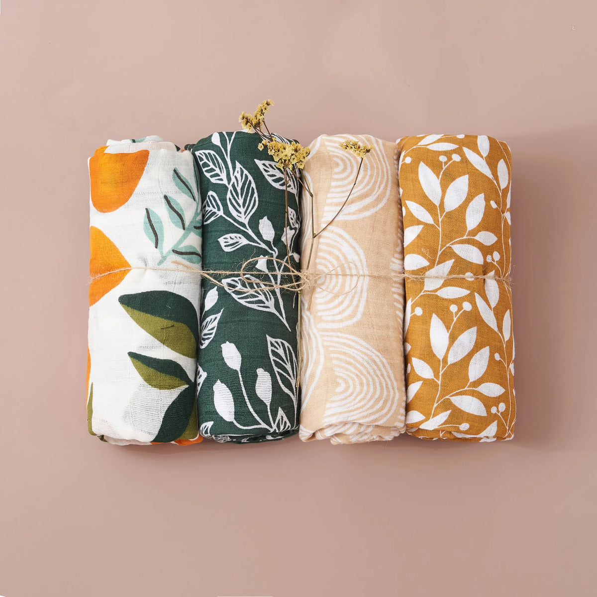 Print Bamboo Cotton Muslin Baby Swaddle, 4PCS Gift Set